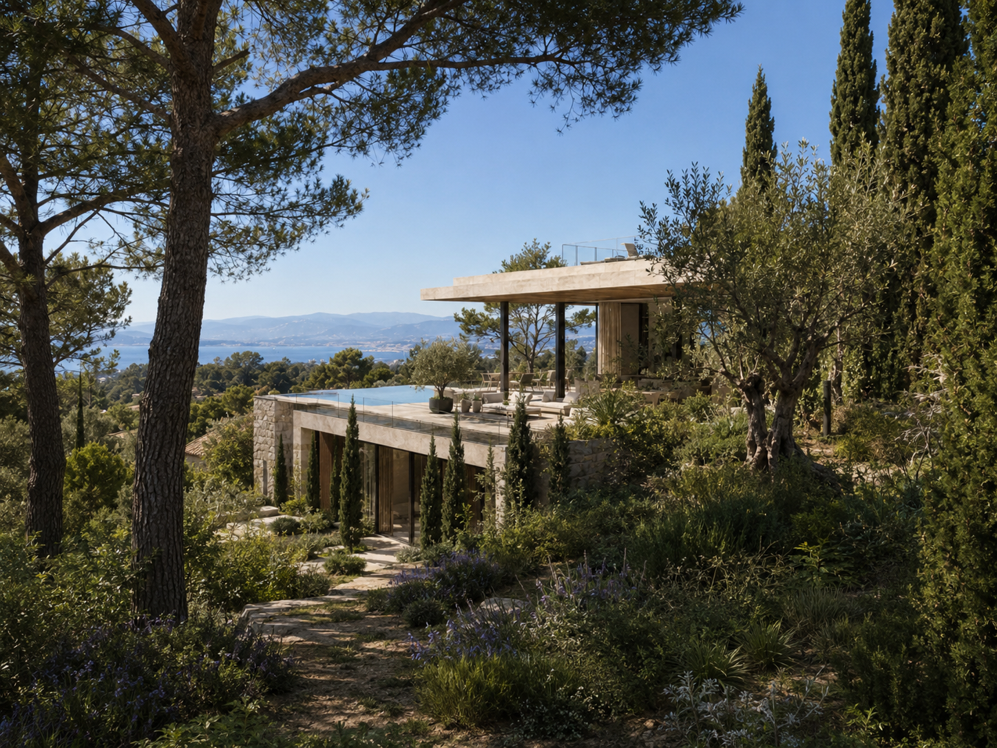 Terrain à bâtir — Projet de villa illustratif — Hyères · Presqu’île de Giens · Terrain vendu seul · Visuels IA non contractuels