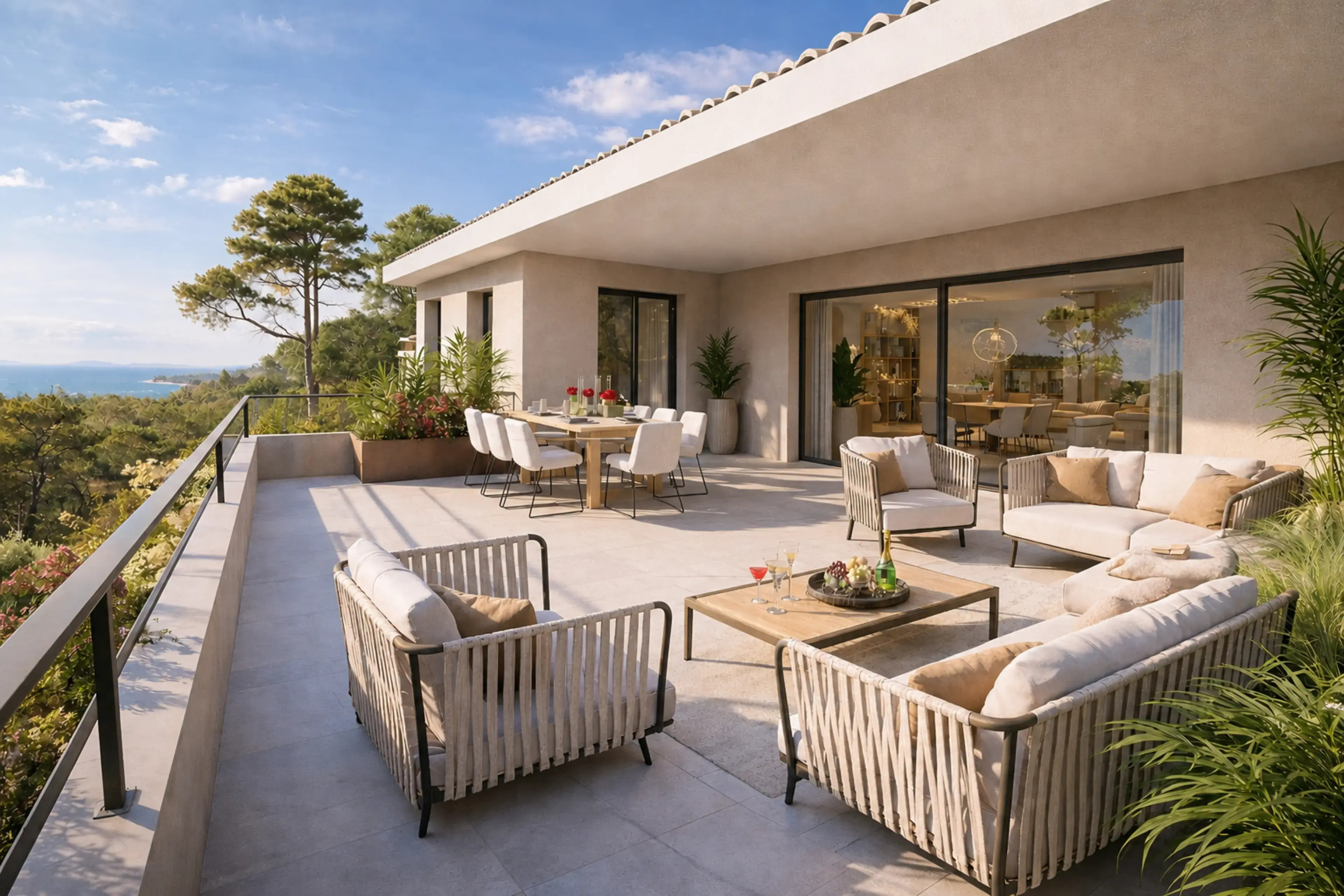T5 aux volumes rares et terrasse plein ciel — Six-Fours-les-Plages · Terrasse d'environ 63 m² · Vue mer dégagée · Trois chambres et bureau