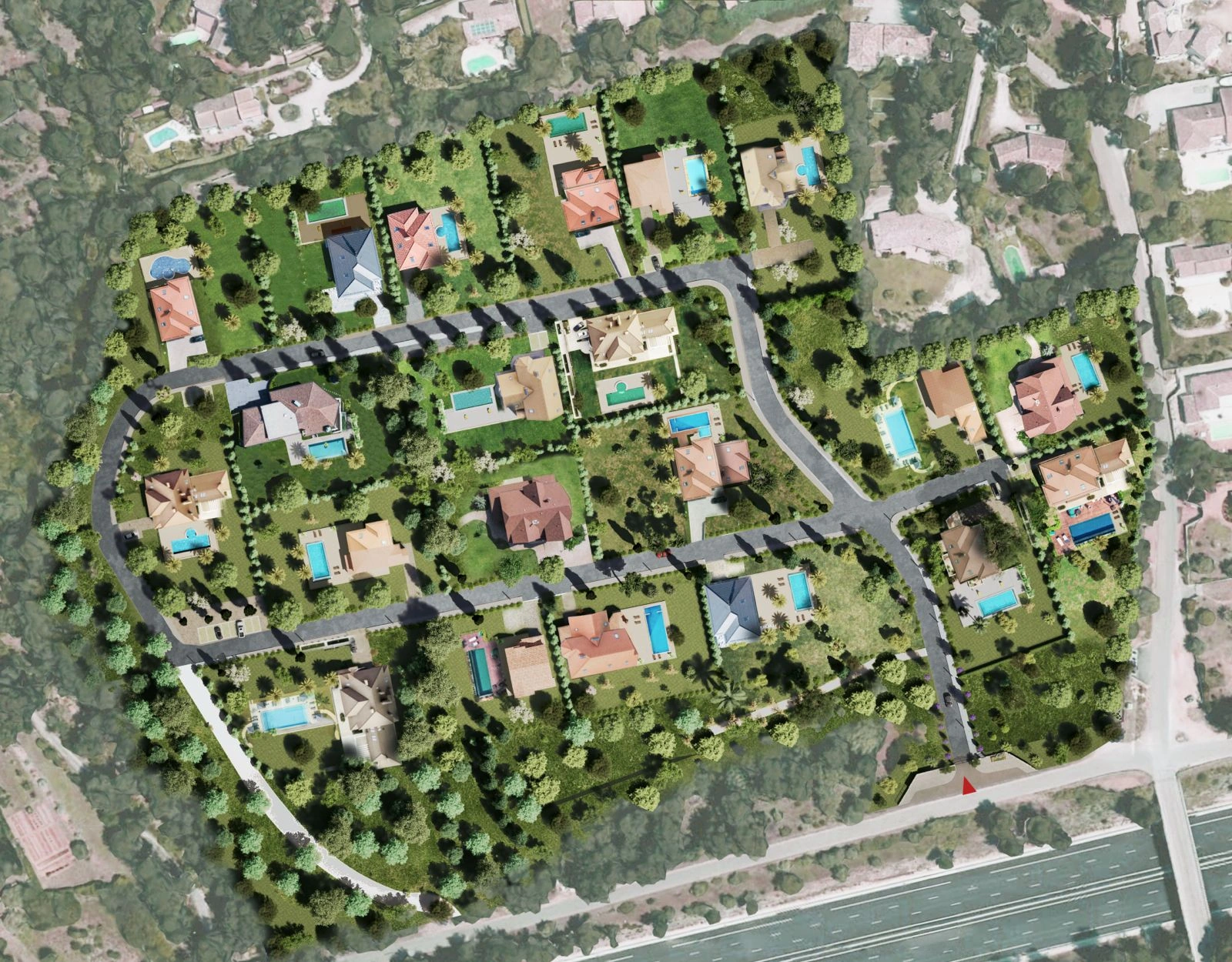 Vue d’ensemble 3D non contractuelle du projet de lotissement Domaine des Oliviers, avec parcelles, voiries et constructions illustratives
